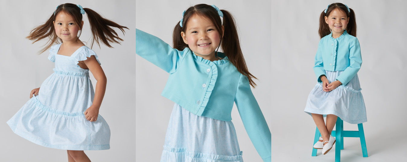 Girl in a blue dress poses playfully in three different shots.