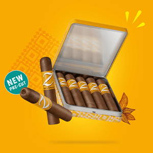 Two pre-cut Zino Nicaragua Half Corona floating crosswise before a yellow background and their opened yellow tin filled with five cigars.