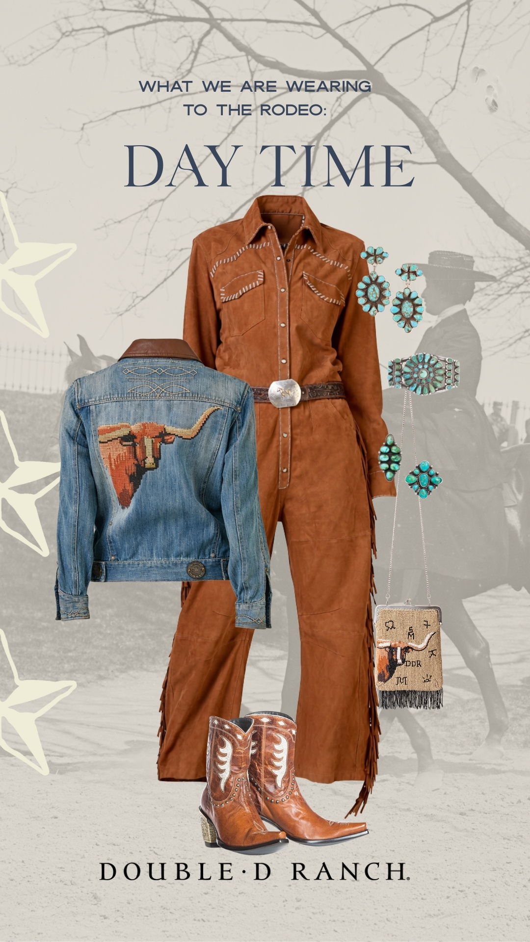 The Seafield Jumpsuit paired with the Lead Steer Denim Jean Jacket and Cattleman Boots with Turquoise Jewelry
