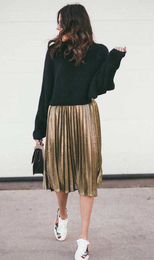 Montreal Fashion Trends: Black Sweater and Gold Pleated Skirt