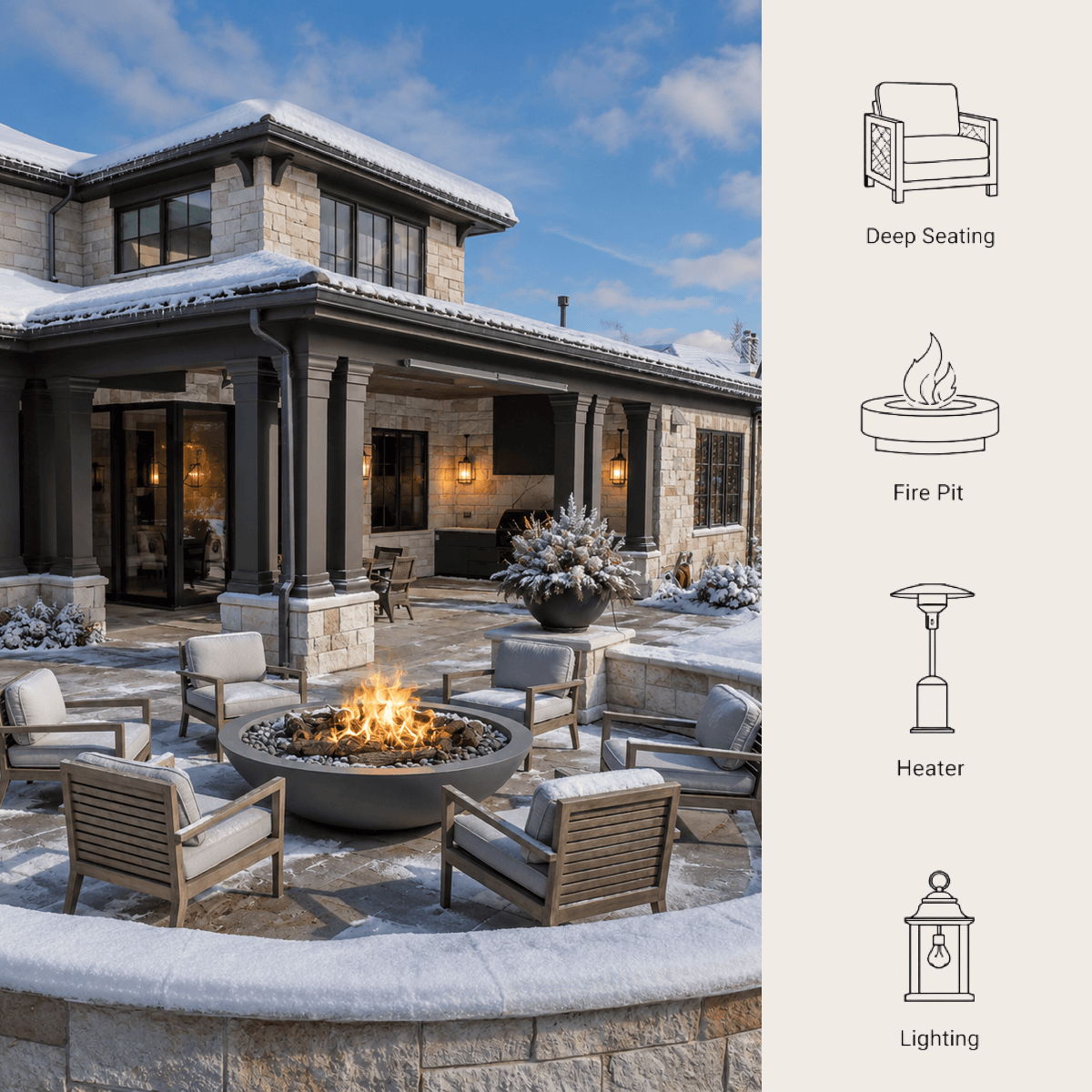 Cold-climate rental outdoor furniture plan with snowy fire pit seating, deep seating icons, heater, and outdoor lighting.