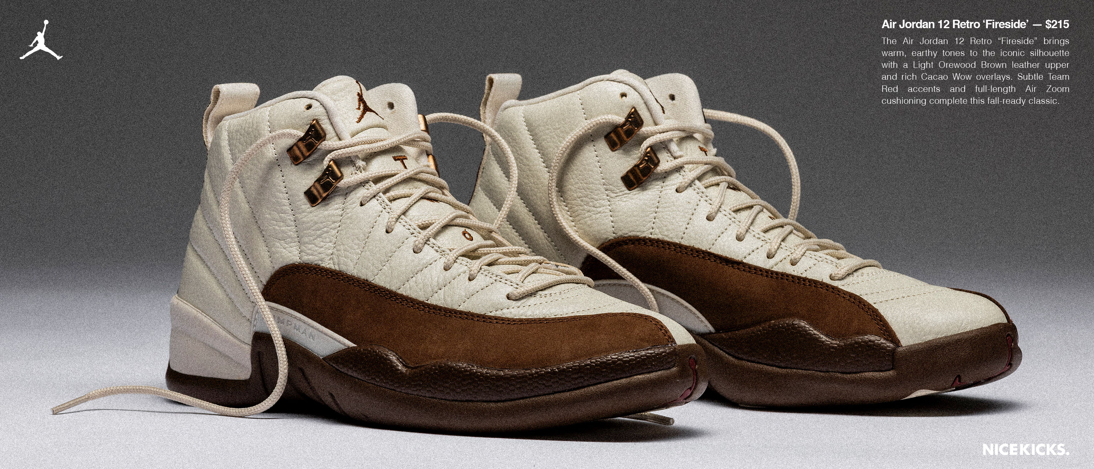 A pair of white and brown high-top sneakers on a grey background.