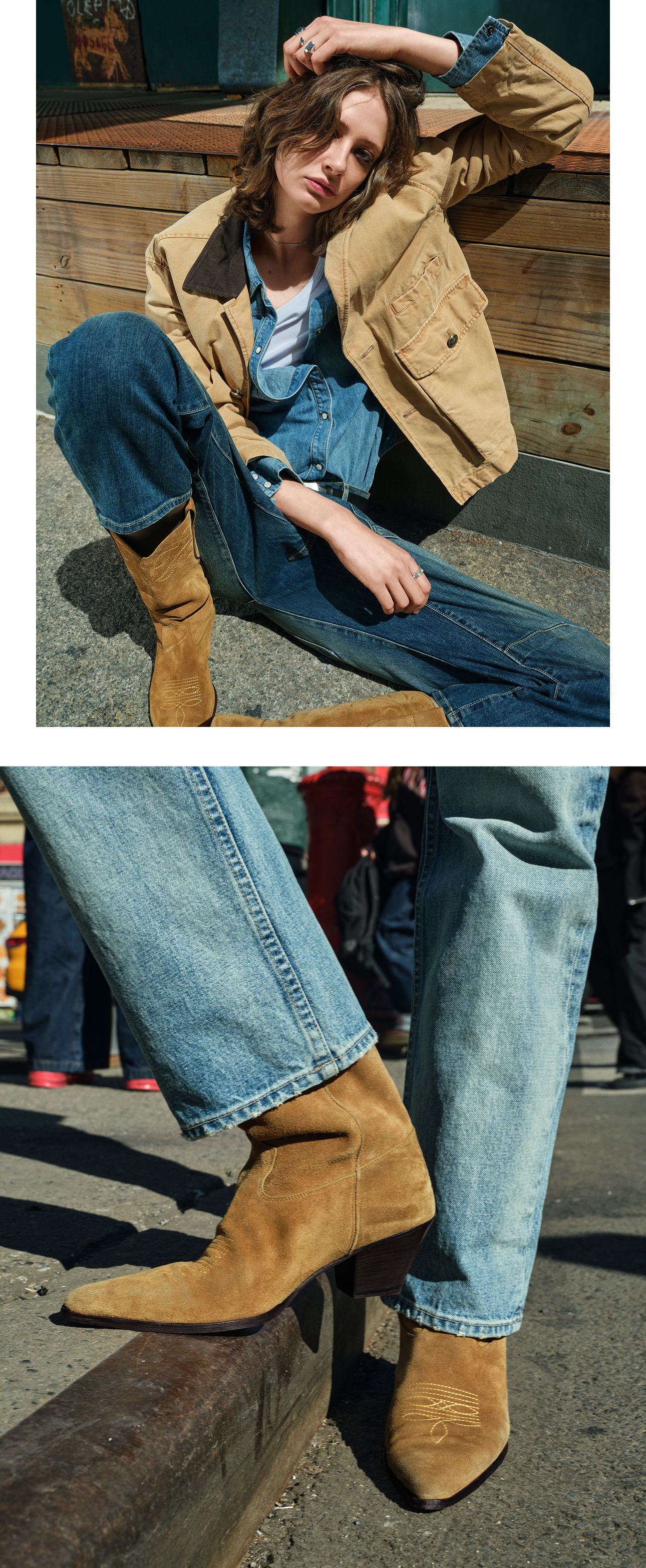 Model sitting casually in stylish outfit, showcasing brown boots and denim.