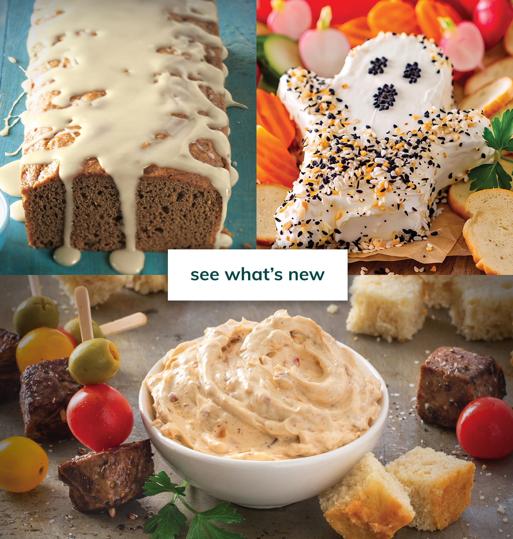 Glazed pumpkin bread, ghost-shaped cheese ball and creamy dip with a “See what’s new” button.