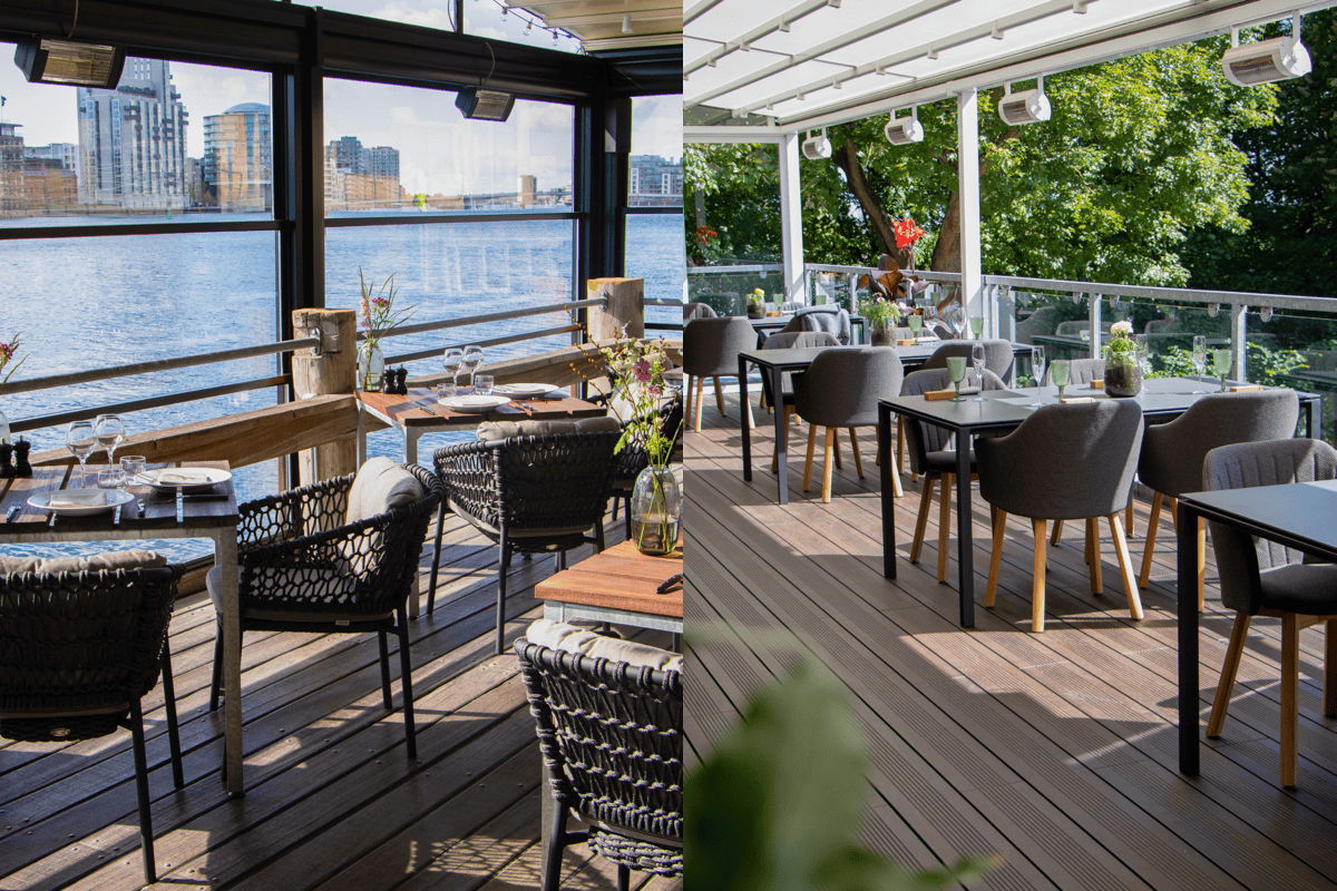 Commercial waterfront dining terraces with outdoor restaurant chairs, tables and covered patio seating