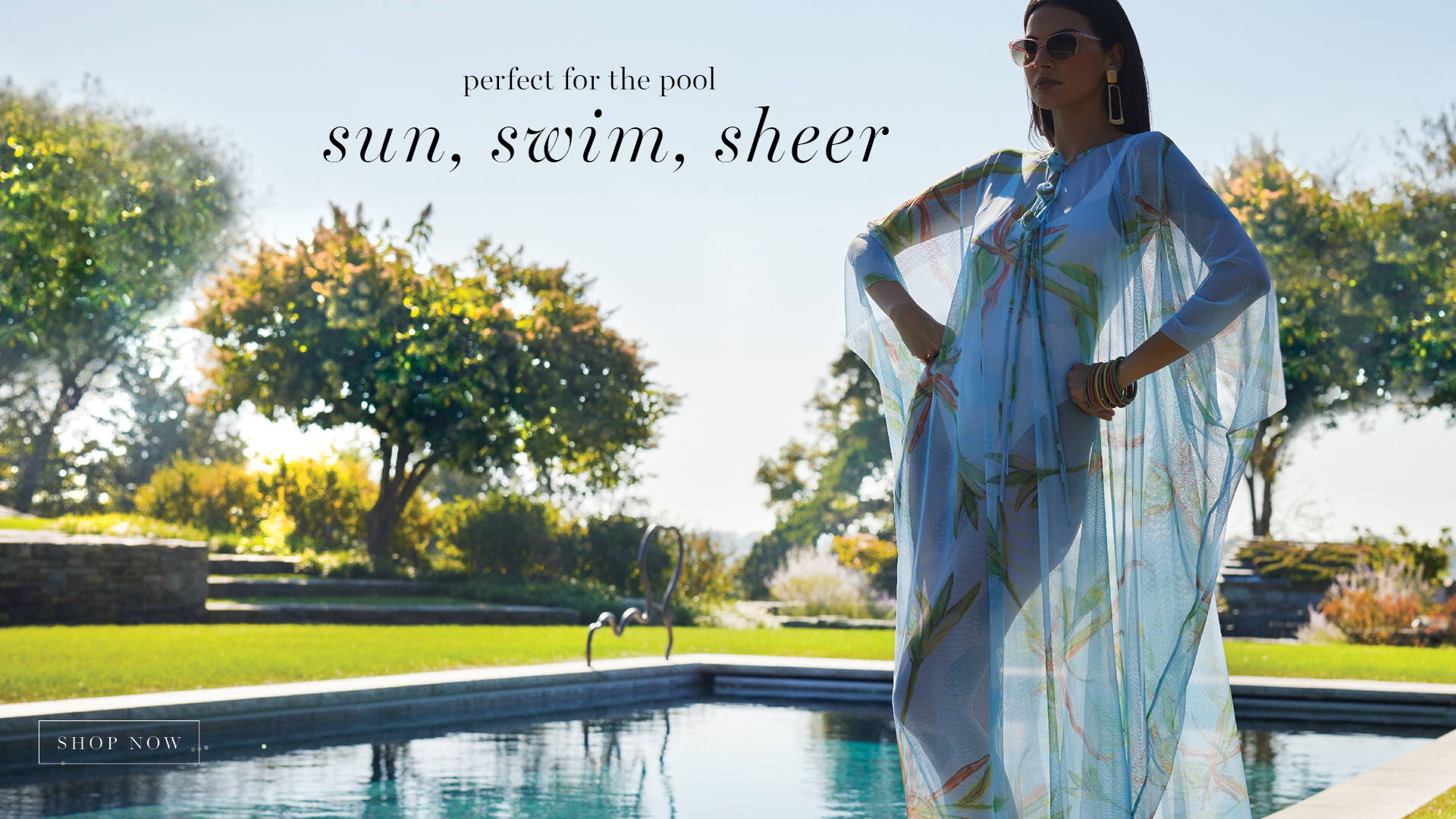 perfect for the pool | sun, swim, sheer | Woman wearing mesh cover up over a bathing suit by the pool for woman's tropical clothing