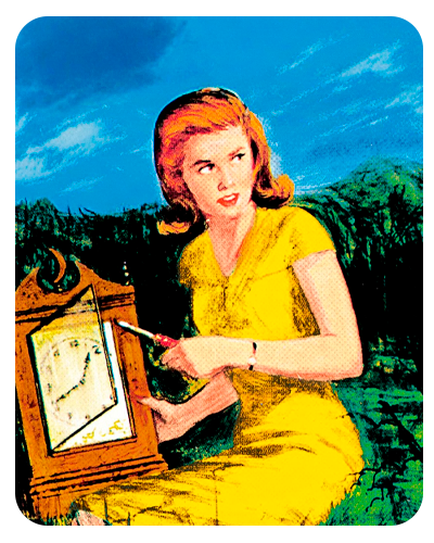 Woman in yellow dress pointing at a clock in a scenic landscape.