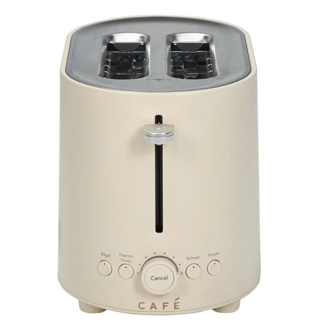 Cream-colored toaster with two slots and control dials on the front.