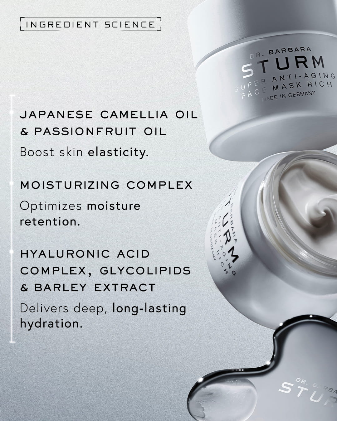 Skincare product ingredients and benefits text on a light background.