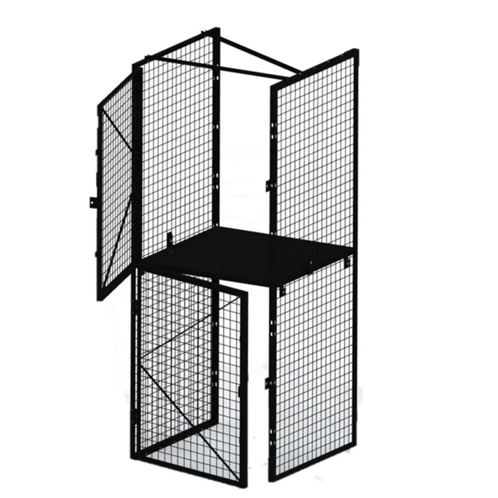 A black wire mesh storage unit with multiple folding doors.