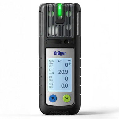 Digital gas detection device with display and indicator lights.