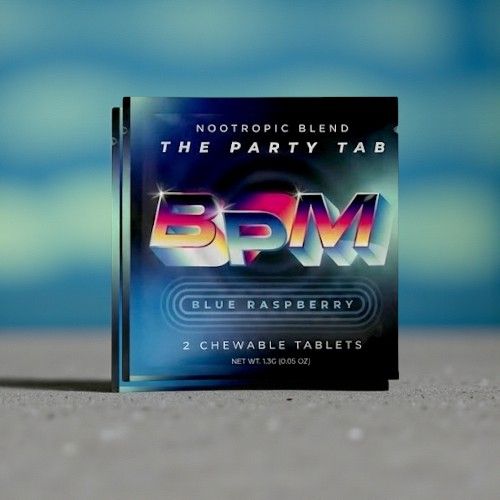 BPM The Party Tab packaging, blue raspberry flavor, chewable tablets.