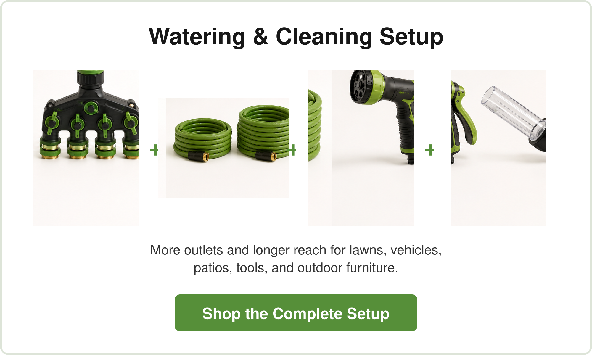 Watering and cleaning setup featuring various garden tools and accessories.