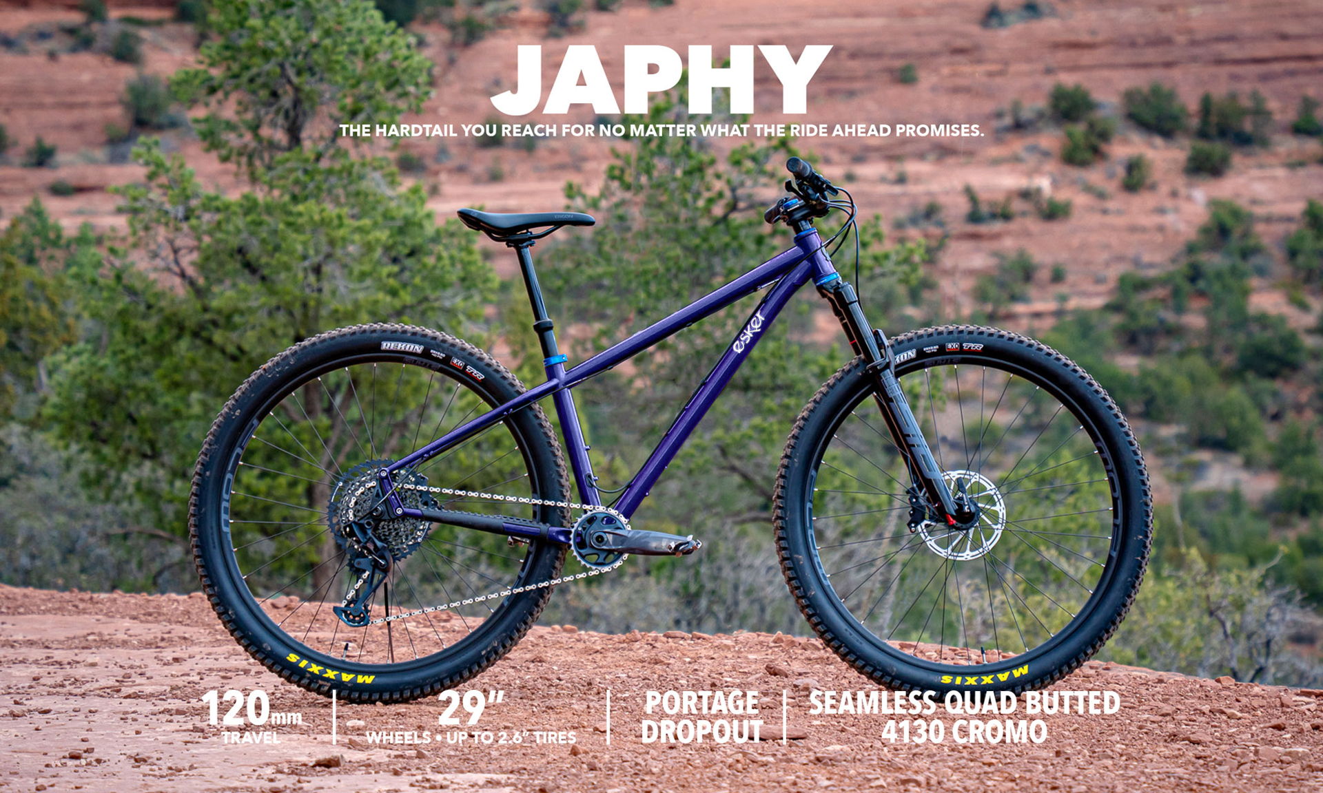 2026 Japhy mountain bike on a desert trail with Japhy title and specifications