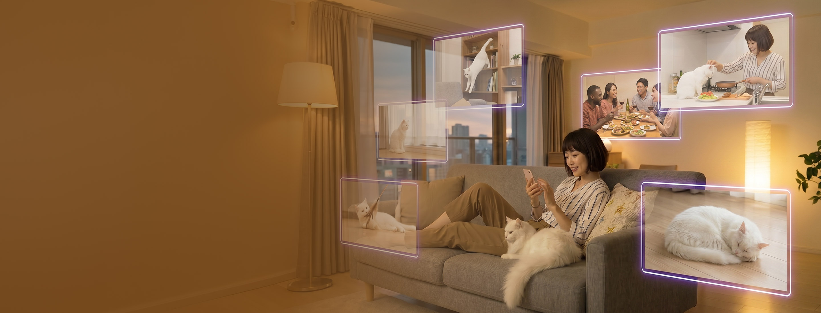 Person relaxing at home while viewing security camera recordings on a smartphone, with multiple video clips showing pet activity and family moments captured by Lorex cameras