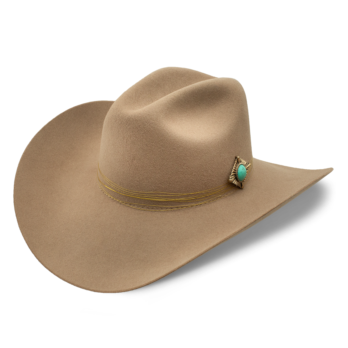 A tan cowboy hat with a turquoise embellishment.