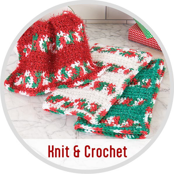 Colorful knit and crochet items displayed in a circular layout. Quick to make knit and crochet kits.