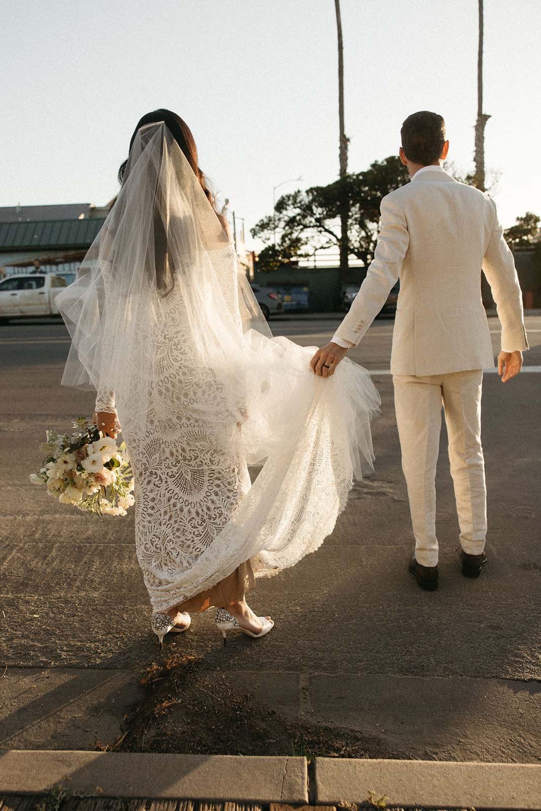 Bride and groom together in local town in Mexico