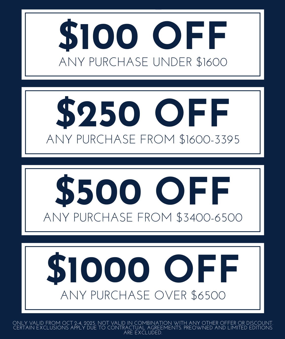 Discount offers for various purchase amounts.