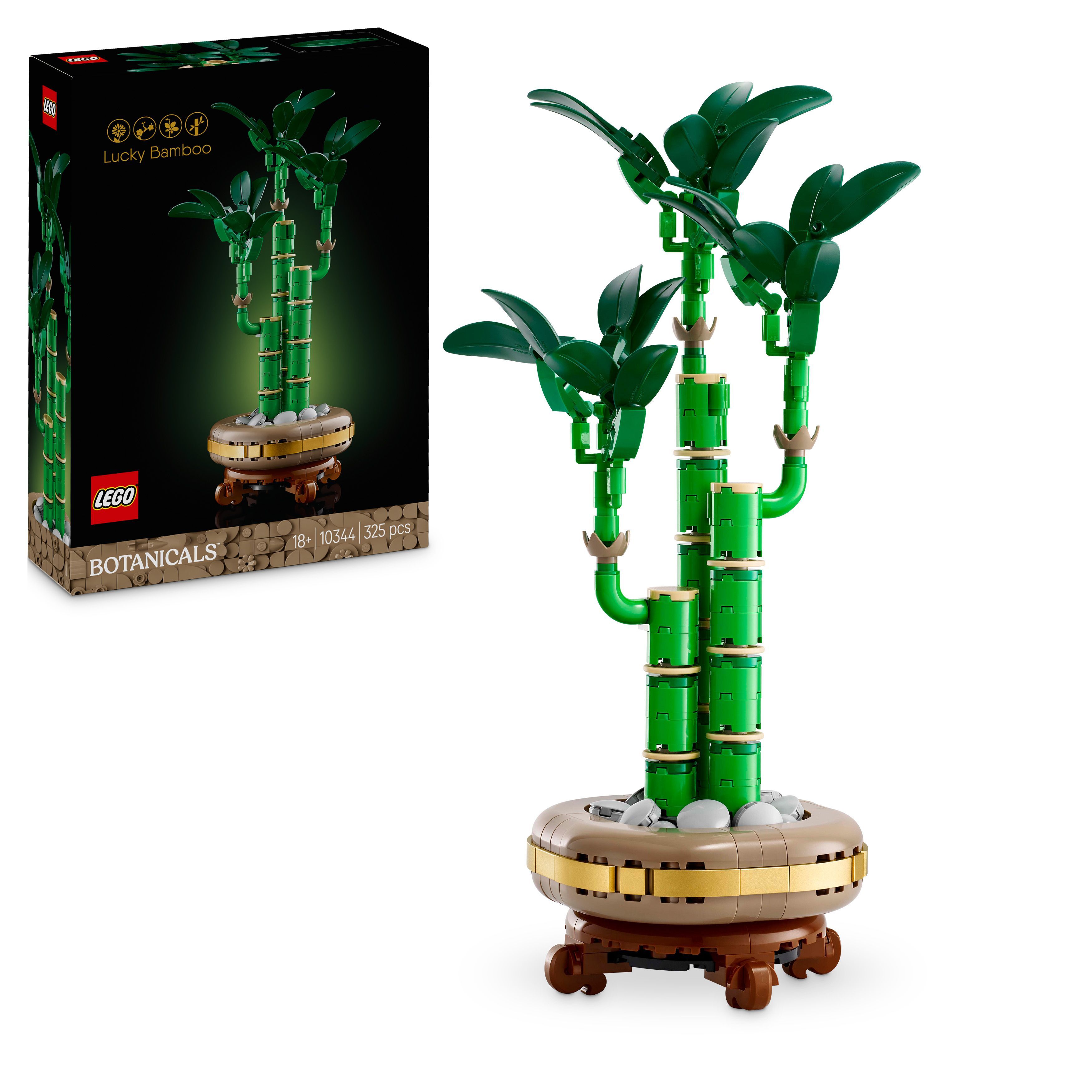 LEGO bonsai tree set with green leaves and decorative base.