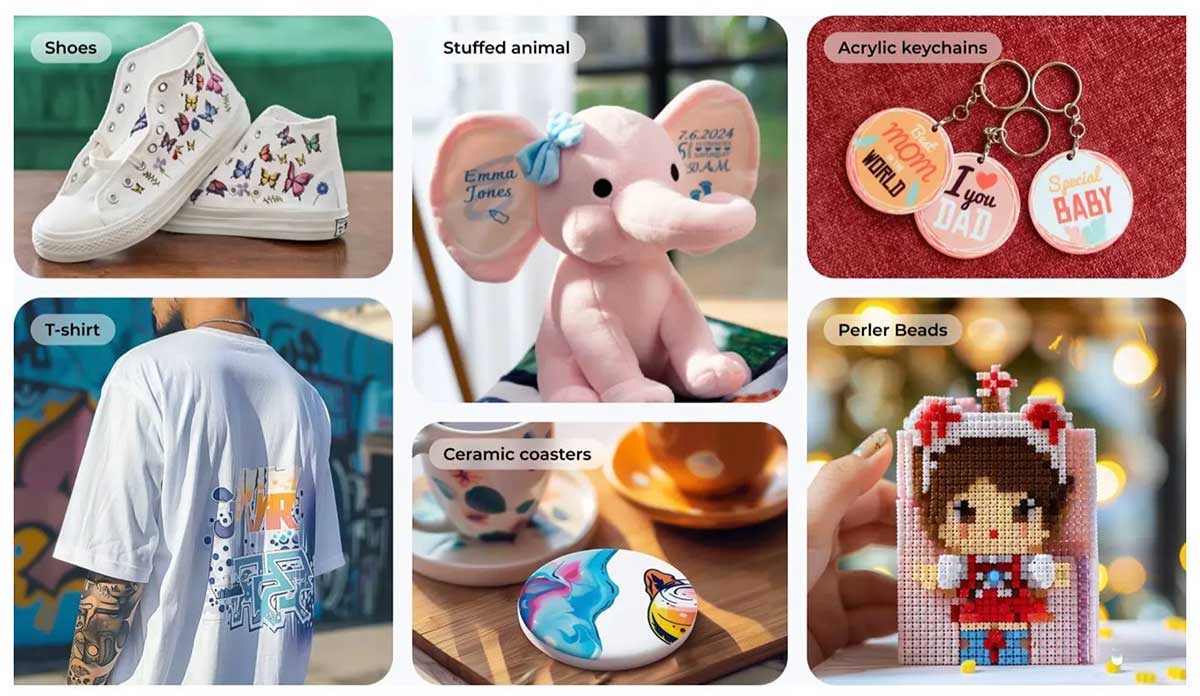 A collage of various colorful merchandise including shoes, toys, and apparel.