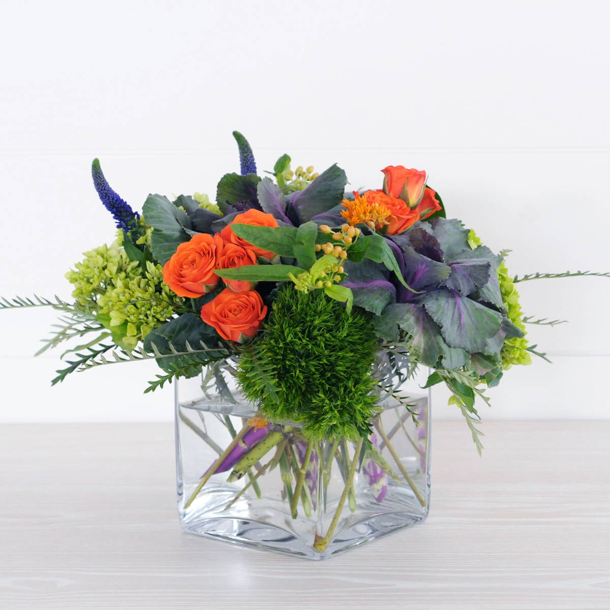 Bryant Floral Arrangement in Glass Cube Mini Green Hydrangea orange Spray roses and Kale 