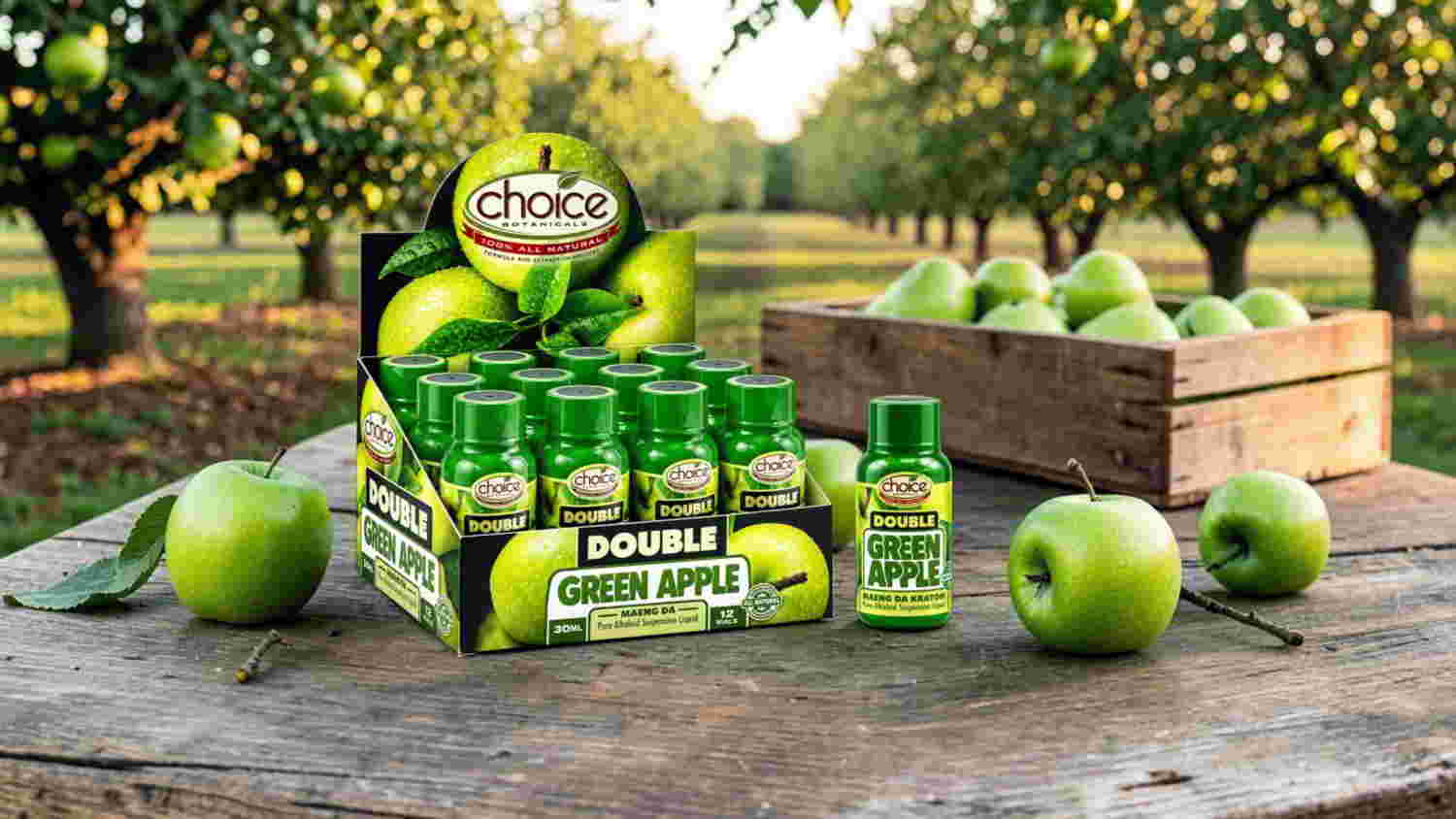 Box of green apple-flavored products with apples in an orchard setting.