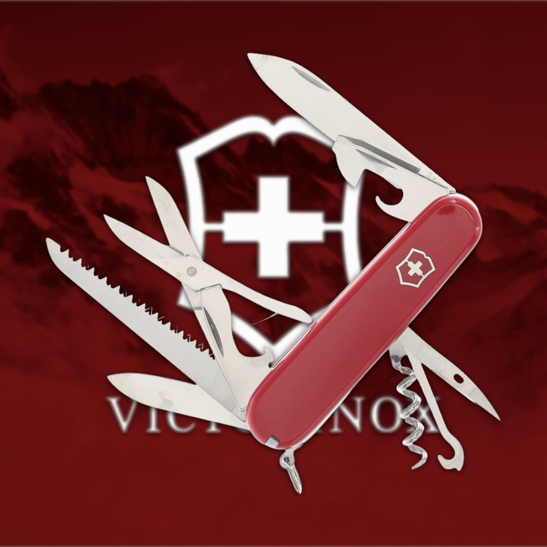 Swiss Army knife with various tools and logo background.