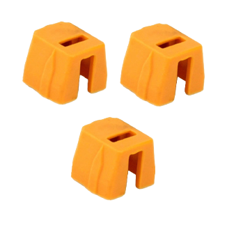Three orange rubber spacers or stops on a white background.