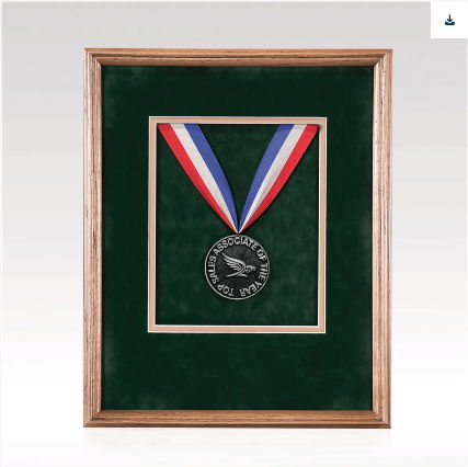 Framed medal with ribbon on green velvet background.