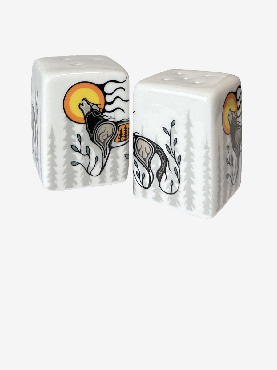Wolf (Ma'iingan) Salt and Pepper Shaker Set by Storm Angeconeb, Lac Seul First Nation, Ojibwe