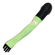 A long, green protective sleeve for an arm with a black hand.