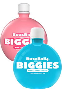 Two round bottles of BuzzBallz cocktails in pink and blue.