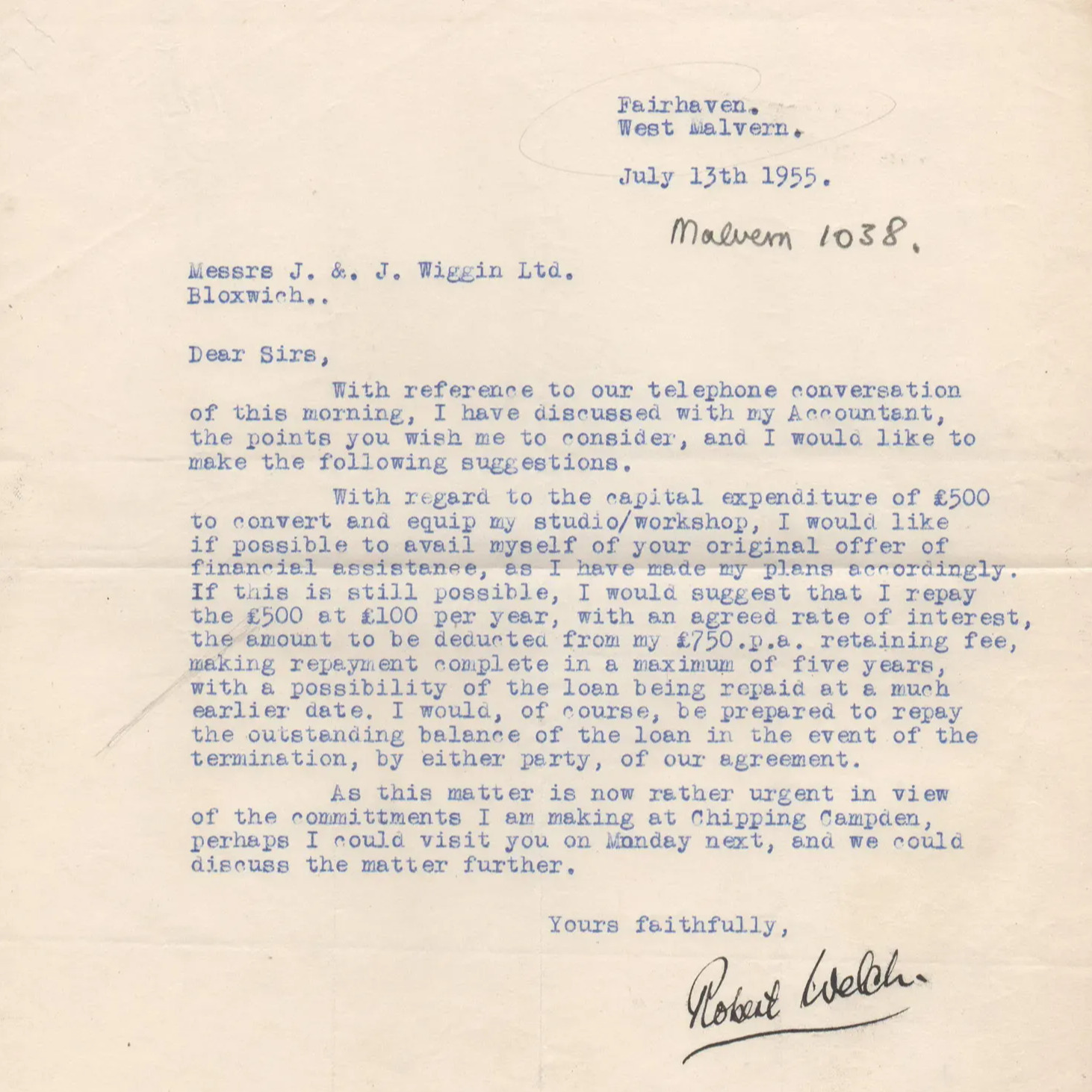 Letter from Robert Welch to J. & J. Wiggin