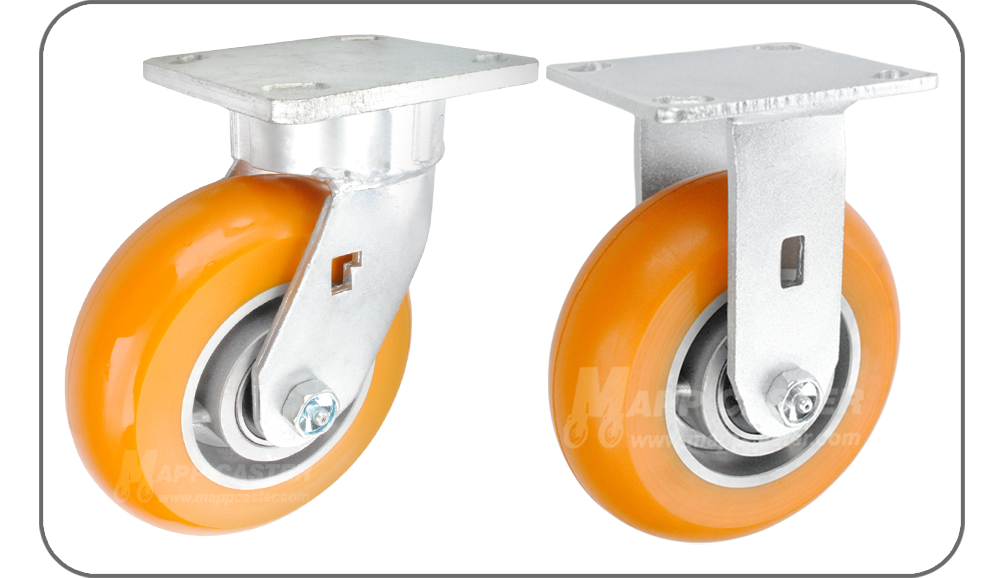 Orange Polyurethane on aluminum plate casters - Heavy duty ball bearings, rust resistant, floor protective, non marking, nsf certified, best for rough floors