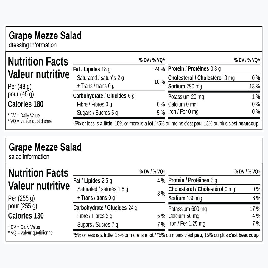 Nutrition facts for Grape Mezze Salad and dressing information.
