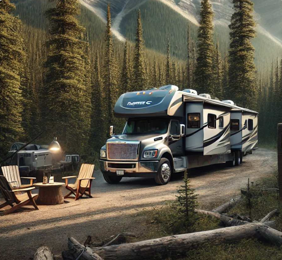 A large RV parked in a forested area with chairs and a campfire setup.