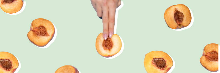 Banner graphic displays peaches cut in half and a hand with its 2 fingers on the center peach.