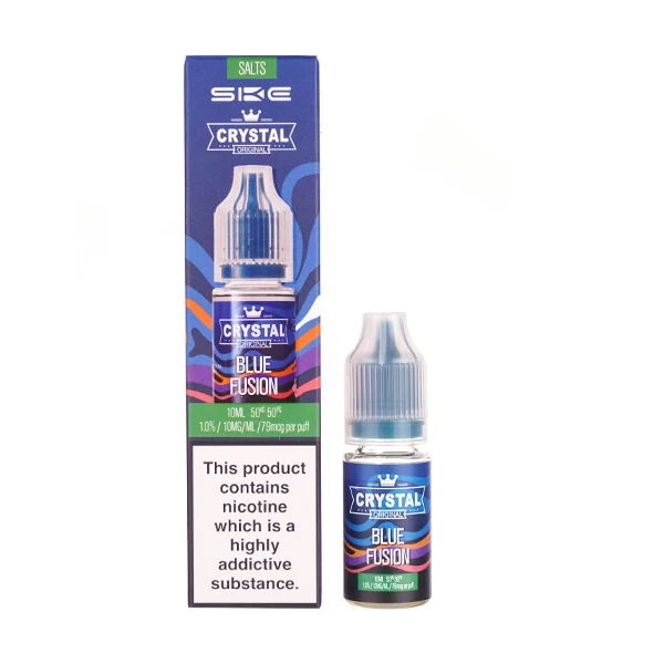 E-liquid bottle with packaging, warning about nicotine addiction.