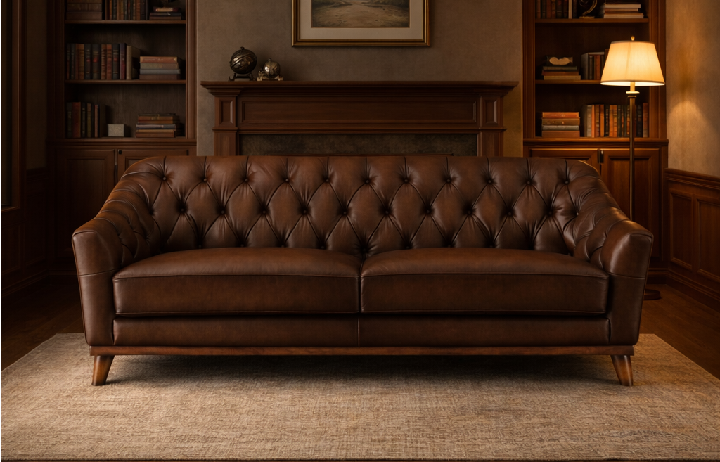 Lowell leather sofa in a classic tufted design, upholstered in rich brown leather, shown in a warm, traditional living room with wooden bookshelves, a fireplace, and soft ambient lighting.