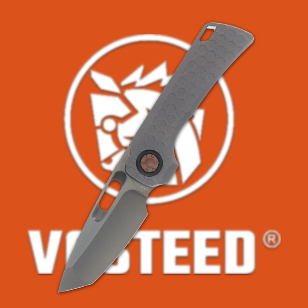 A folding knife over a logo on an orange background.