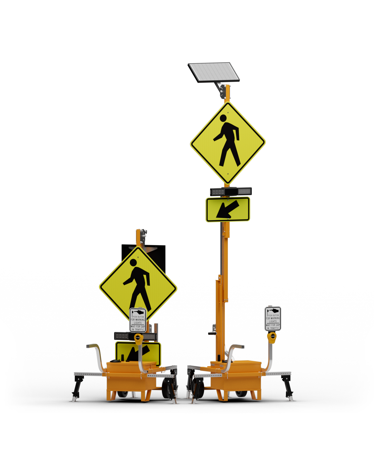 Two pedestrian crossing signs on orange bases with solar panels.