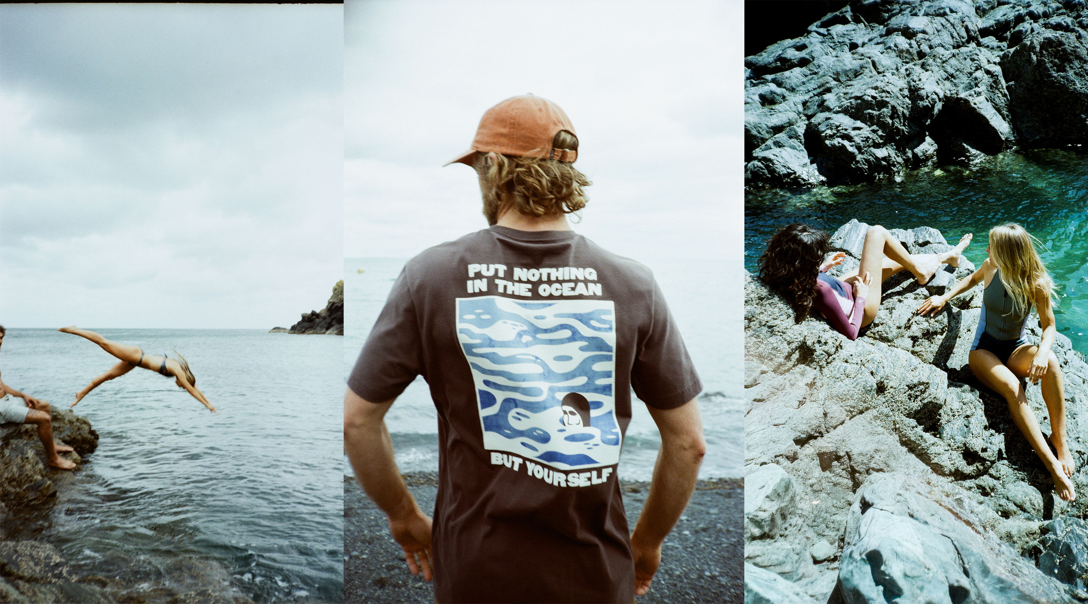 Three images of people by the ocean, engaging in various activities.