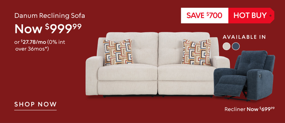 Save $700 on the Danum reclining sofa, now $999.99, and save $300 on the recliner, now $699.99.