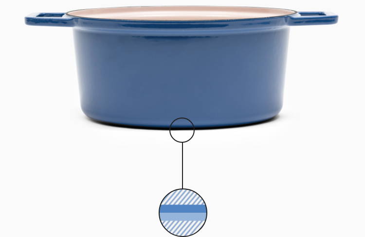 Blue Misen Dutch Oven with illustrated cross-section callout showing only two pigmented enamel layers.
