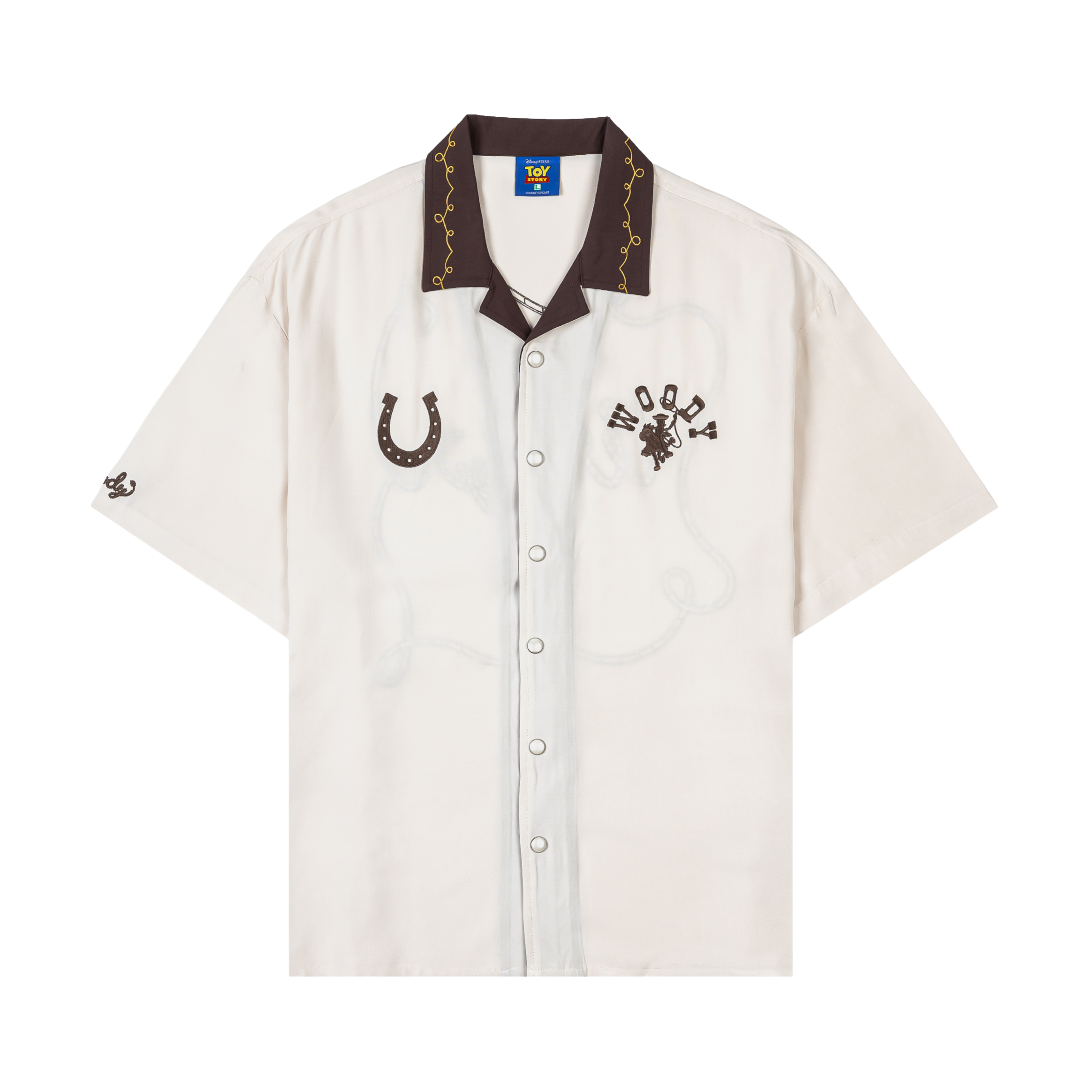 White short-sleeve shirt with embroidered designs and contrasting collar.