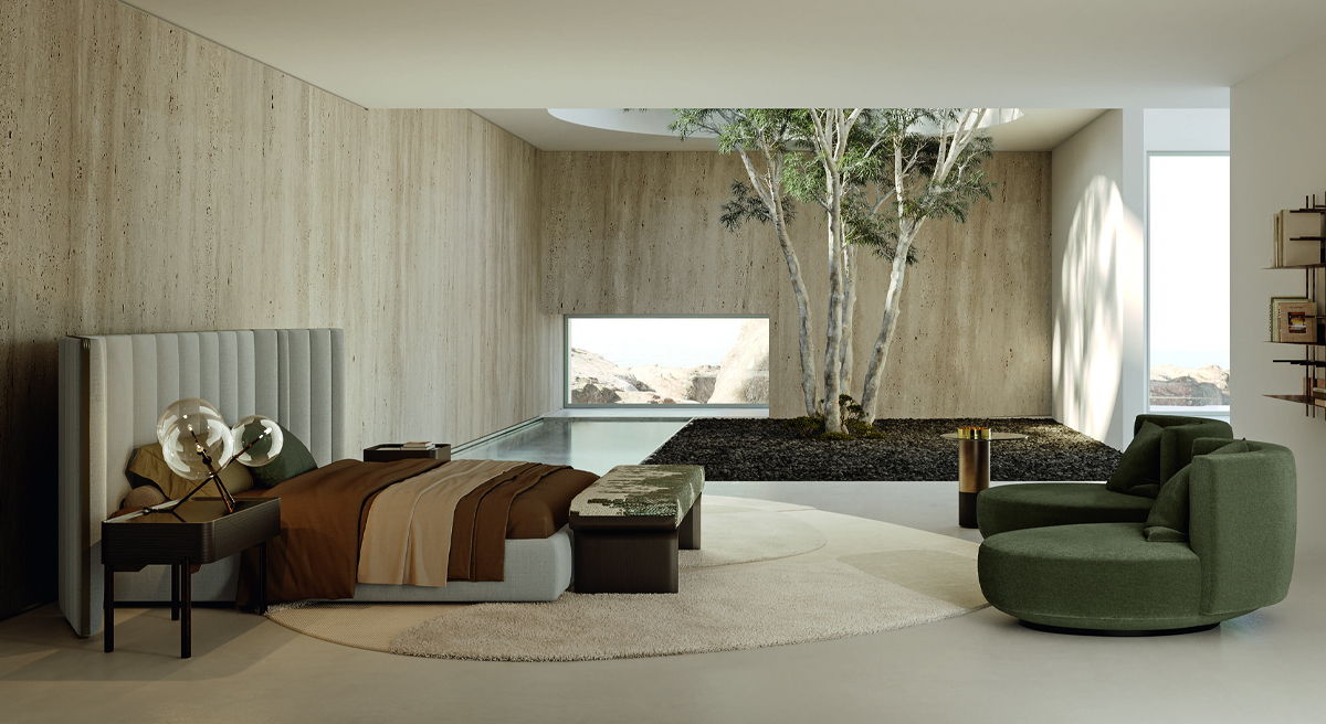 Modern living room with a large tree, sofa, and stylish decor.