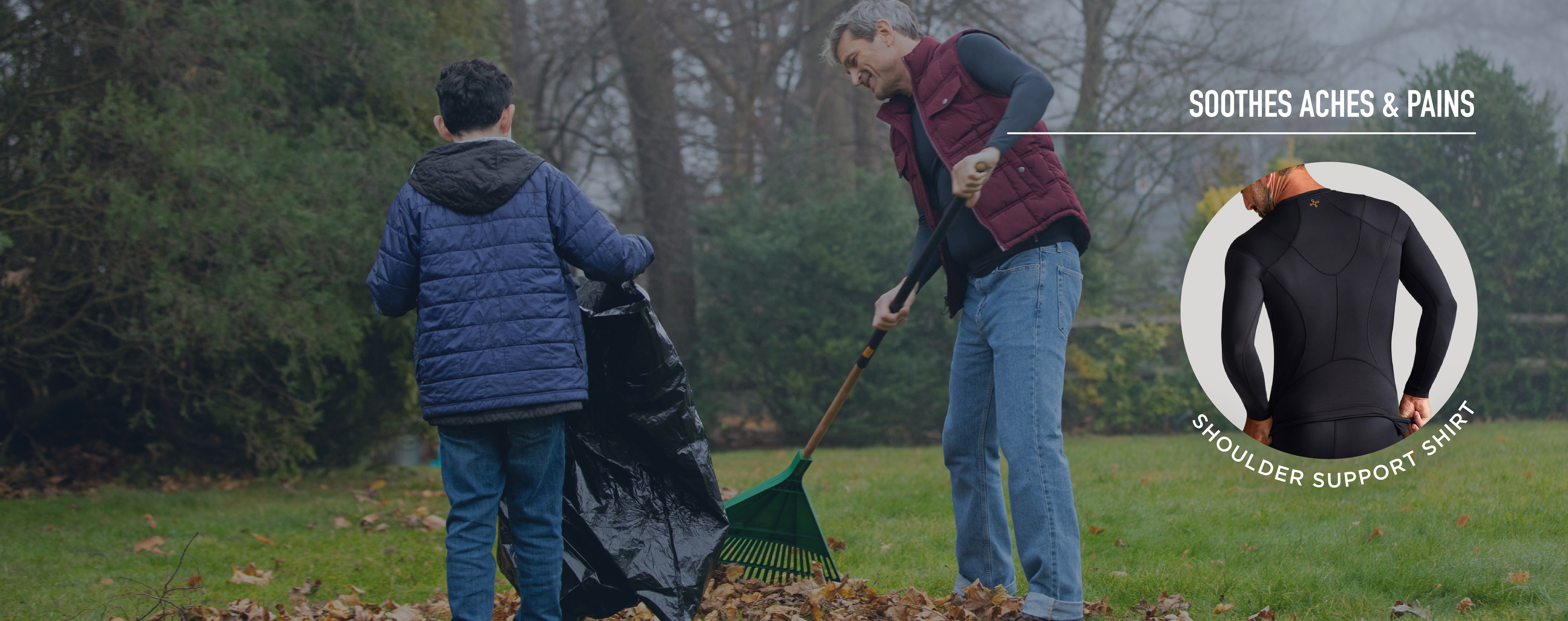 Father and son raking leaves wearing the Long Sleeve Shoulder Support Shirt