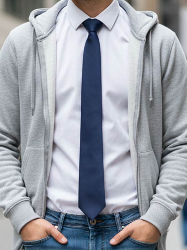 Man wearing a necktie with a hoodie