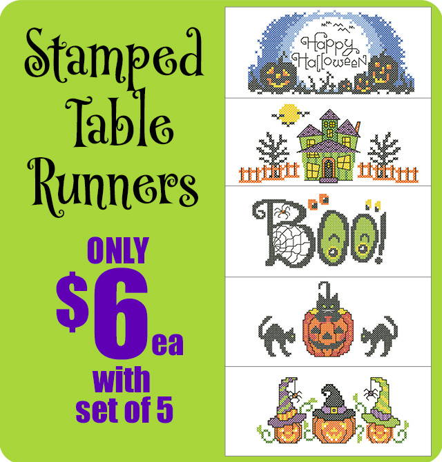 Stamped Table Runners are only $6 each with a set of 5. Image: Herrschners Haunted Halloween Table Runners Stamped Cross-Stitch.